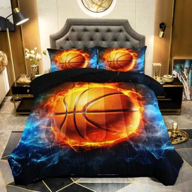 Imagem de QOOMO Jogo de cama solteiro com estampa esportiva 3D de 3 peças, fogo e água para adolescentes, meninos e meninas, com 2 fronhas, macio e leve
