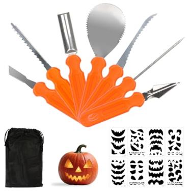 Imagem de CAKKVDE Kit profissional de escultura de abóbora – 7 ferramentas resistentes com 8 estênceis, conjunto de escultura de abóbora de Halloween, kit de decoração seguro e reutilizável para Jack-o