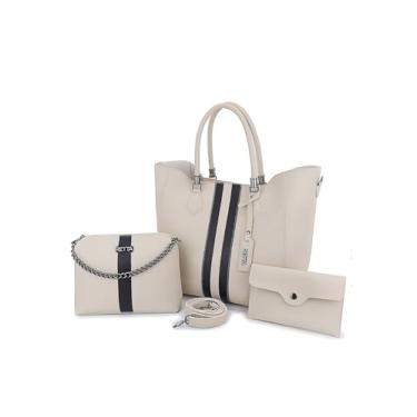 Imagem de Kit Bolsa Feminina Sacola Transversal e Necesserie Retta Oficial (MARFIM COM PRETA)