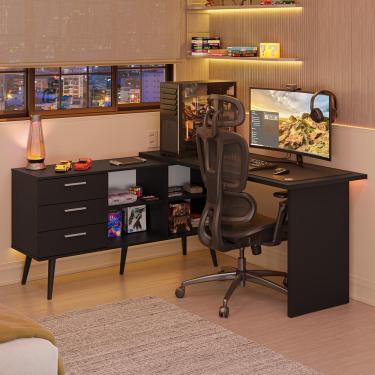 Imagem de Escrivaninha Em L Mesa Para Computador Gamer 3 Gavetas Preto Lisboa Madesa