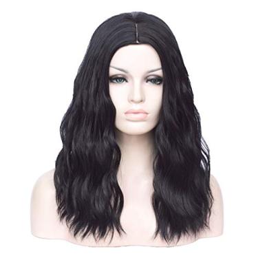 Imagem de BUFASHION Peruca sintética preta ondulada longa de 50,8 cm para mulheres, meninas, cosplay, fantasia de Halloween, peruca com touca de peruca (preto)