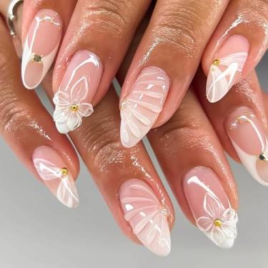 Imagem de RUOKEXIN Unhas postiças médias ombres brancas ombres com desenhos de flores 3D, unhas artificiais brilhantes, cola acrílica nas unhas, prensa fofa para mulheres, 24 peças