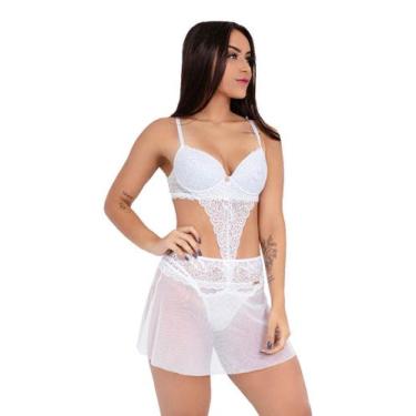 Imagem de Body IMI Lingerie Com Bojo E Saia Renda Tule Calcinha Fio Luxo Hari Br
