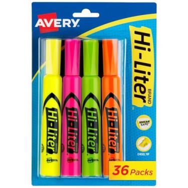 Imagem de Avery Marcadores de mesa de alto litro, tinta segura para manchas, ponta de cinzel, 4 marcadores de cores sortidas por pacote, total de 144 (36 pacotes de 24063)