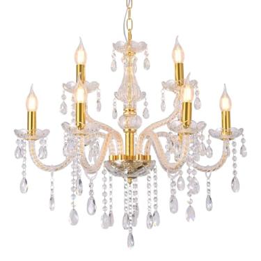 Imagem de YYSHCHEN Lustres de cristal grandes dourados de luxo de 67 cm, lustre grande moderno para teto alto, luminária de teto pendente de vela de cristal para sala de jantar, sala de estar, quarto, hall de