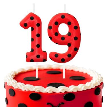 Imagem de Velas de aniversário de joaninha número 19, topo de bolo de bolinhas vermelhas e pretas para meninos e meninas, decorações de aniversário, suprimentos de festa, velas numéricas para decoração de festa