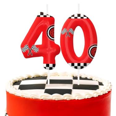 Imagem de Velas vermelhas de aniversário número 40, topo de bolo temático de carros de corrida para decoração de bolo para meninos e meninas, decorações de aniversário, suprimentos de festa, velas numéricas