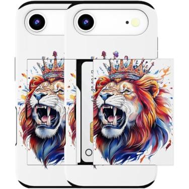 Imagem de MUQR Capa para celular 17 Air compatível com suporte de cartão fofo - Capa tipo carteira robusta com design Kawaii, proteção contra quedas de grau militar para mulheres (Leão branco rugindo)