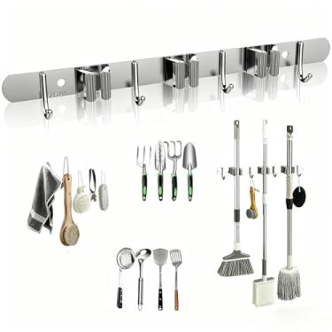 Imagem de Suporte para vassouras em aço inoxidável com ganchos para montagem na parede sem necessidade de perfuração, adequado para casas de banho, cozinhas e lavandarias