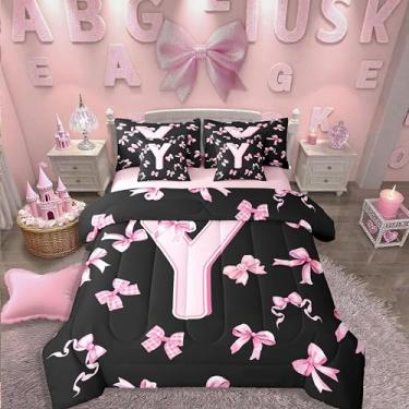 Imagem de Conjunto de cama casal de 7 peças com laço rosa, rosa, preto e letra Y, em uma bolsa com laço de coquete, conjunto de edredom fofo com lençóis, moderno, moderno, com laço