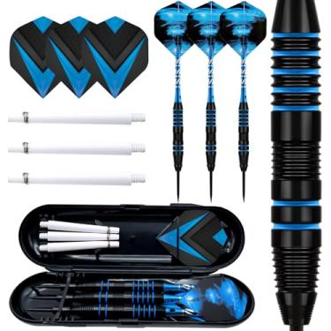 Imagem de Kit de 3 peças de dardos de ponta de aço - dardos profissionais de 22 gramas para jogadores de todos os níveis, com eixos de alumínio e barril de ferro e 3 peças de substituição de eixos de plástico
