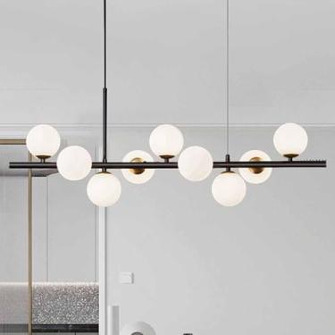 Imagem de Lustre De Globos De Vidro Moderno Mid Century Metal Pendurado Luz De Teto Dourada Globo Abajur Altura Ajustável Luminária Pingente Para Ilha De Cozinha Sala De Estar Quarto, Black, 9-Light