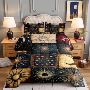 Imagem de Manfei Conjunto de cama Queen com estampa de sol e lua, estilo boêmio, exótico, para meninos e meninas, galáxia estrelada, conjunto de edredom com 3 peças, 2 fronhas
