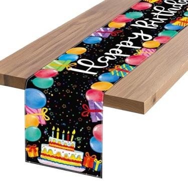 Imagem de RASDBHJMAX Caminho de mesa de feliz aniversário preto, balão colorido, decoração de mesa de jantar, design festivo de balão para decoração de festa de aniversário, 33 x 182 cm