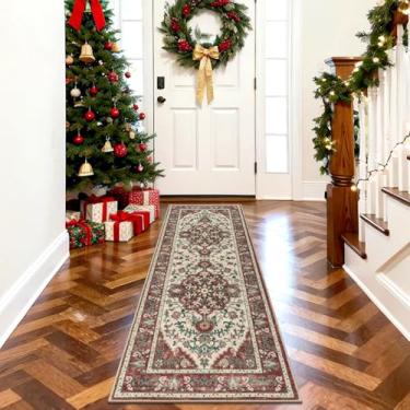 Imagem de U'Artlines Tapete de corredor de Natal de 6 x 1,8 m, vermelho, antiderrapante, lavável, vintage, casa de fazenda, tapete de inverno para cozinha, entrada, lavanderia e sala de estar