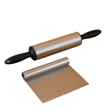 Imagem de Kit Rolo de massa inox giratório + Espátula profissional tubular confeitaria pão pizza Macarrão