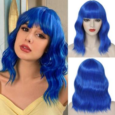 Imagem de Peruca Beelu Blue Short Bob com franja solta e ondulada sintética