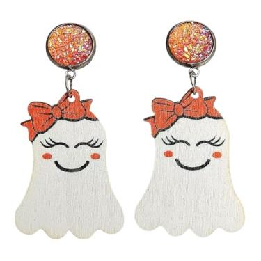 Imagem de Brincos com pingente de madeira de fantasma de abóbora de Halloween fofo de fantasma de desenho animado para mulheres, festas festivas, cosplay, bijuterias, presentes, Large, Metal, Sem pedra preciosa