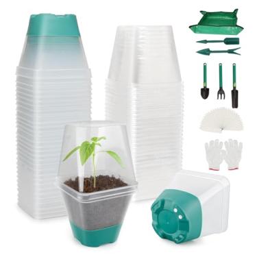 Imagem de Pacotes de 30 vasos transparentes para berçário com tapete de replantio de plantas, luvas, etiquetas, cúpulas de umidade, ferramentas de mudas, vaso de plástico de 7,6 cm com base de silicone e