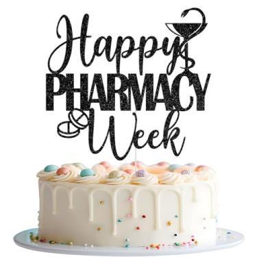 Imagem de Topo de bolo Happy Pharmacy Week, decorações da semana da farmácia, feliz dia nacional da farmácia, agradecimento farmacêutico, decorações de festa da semana de apreciação médica glitter preto