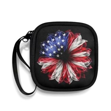 Imagem de Pzuqiu Capa de fone de ouvido quadrada, bandeira americana, margarida, fone de ouvido, cabo USB, organizador de fone de ouvido Bluetooth, bolsa de armazenamento portátil para fones de ouvido com alça