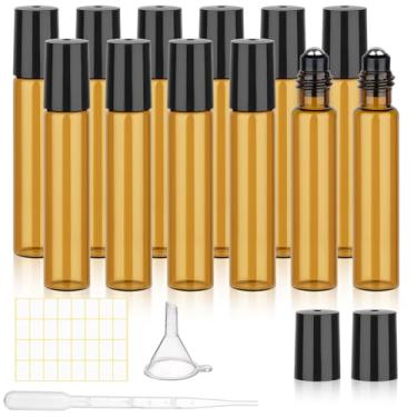 Imagem de Pacote com 12 frascos de rolo âmbar para óleos essenciais, frascos de rolo de vidro de 10 ml para viagens e brilho labial, frasco aplicador de esfera de perfume vazio com tampa, conta-gotas, funil