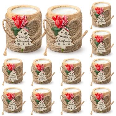 Imagem de 12 peças de castiçais de madeira com velas, lembrancinhas de festa de Natal com corda de juta, suportes de chá de Natal para centros de mesa, decoração de casa, enfeites de meia