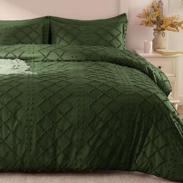 Imagem de VACVELT 5 peças de capa de edredom boho, tamanho casal, capa de edredom tufada verde oliva com zíper e 8 laços, sem edredom, roupa de cama texturizada chique para fazenda, microfibra respirável e