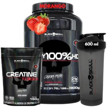 Imagem de Kit Whey Protein 100% HD Pure 900g Isolado - Hidrolisado - Concentrado Pote + Creatina Monohidratada 150g + Coqueteleira - Black Skull (Whey 100% Morango Pote + Creatina 150g)