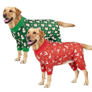 Imagem de Vehomy Pacote com 2 pijamas natalinos para cães com estampa de boneco de neve com estampa de alce de boneco de neve, macacão para cachorro, pijama, roupas elásticas, roupas confortáveis, roupas para
