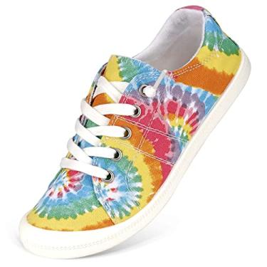 Imagem de Hxlber Tênis feminino de cano baixo – bico redondo, confortável, casual, de lona, tênis moderno para caminhada, Amarelo, 38