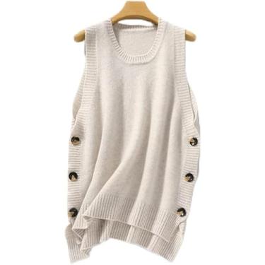 Imagem de Camisolas Sem Mangas Para Mulheres, Colete De Malha Para Mulheres Casual Bege Lã Botões De Divisão Lateral Gola Redonda Outono Inverno Quente Sem Mangas Jumper Gilets Suéteres De Mal, M