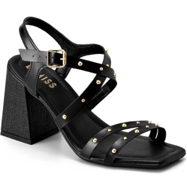 Imagem de Sandália Feminina Lumiss Salto Alto Bloco Tachas Rebite Fivela Bico Quadrado preto37