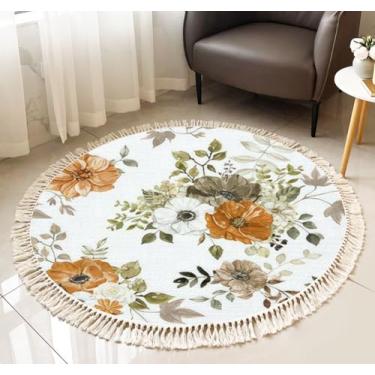Imagem de Tapete redondo com franja aquarela floral sem costura padrão ferrugem laranja queimado cinza pastel boho tapete de linho tecido à mão pátio corredor tapete decoração de casa sala de estar mesa de