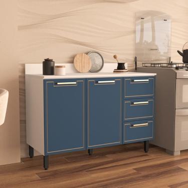 Imagem de Balcão de Cozinha 120cm 2 portas 3 gavetas Com Tampo Amara Branco Azul Politorno Móveis