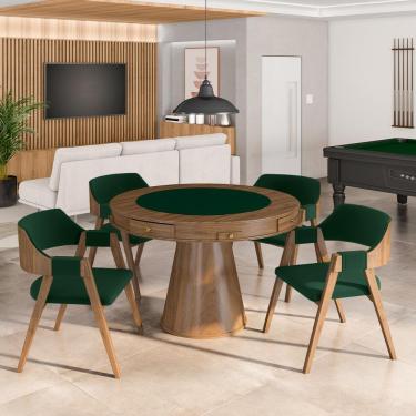 Imagem de Conjunto Mesa de Jogos Carteado Bellagio Tampo Reversível e 4 Cadeiras Madeira Poker Base Cone Veludo Verde/Nogueira G42 - Gran Belo