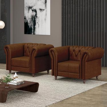 Imagem de Kit 2 Poltronas Decorativas Sala de Estar Stanford Chesterfield Pés de Madeira Couro Marrom Manchado G58 - Gran Belo