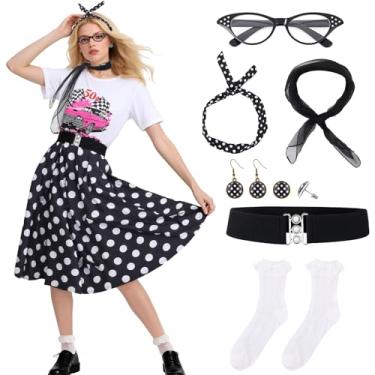 Imagem de ZhouBoat 9 peças de roupas femininas Sock Hop, roupa feminina dos anos 50, camiseta com saia poodle 1950 com acessórios dos anos 50 para fantasias de Halloween, Multicor, X-Large