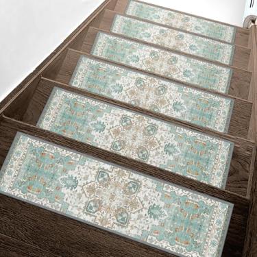 Imagem de Escadas antiderrapantes para degraus de madeira 15 peças - tapete de segurança interno de 20,3 x 76,2 cm, tapetes de borda com adesivo TPE, tapetes de escada adequados para animais de estimação e