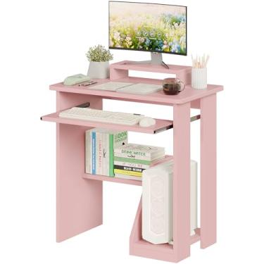 Imagem de ALISENED Mesa de computador rosa pequena de 75 cm com suporte para monitor de bandeja de teclado, mesa de estudo com prateleiras de armazenamento, estação de trabalho moderna para espaços pequenos