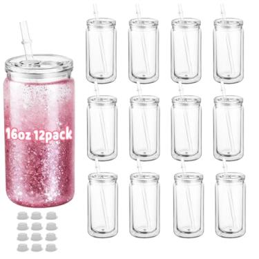 Imagem de Cuguords Pacote com 12 copos de acrílico para globo de neve de 473 ml, plástico de parede dupla, orifício pré-perfurado com plugue, suprimentos para copo de globo de neve faça você mesmo, granel