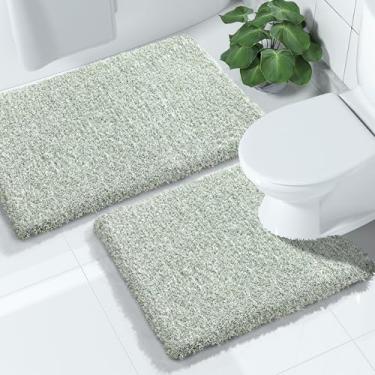 Imagem de Yimobra Conjuntos de tapetes de banheiro fofos 2 peças, tapete de banheiro felpudo em forma de U, tapete de banho macio e confortável, antiderrapante, tapete de chuveiro de pelúcia grossa, absorvente de água, lavável na máquina, 81 x 50 cm + 61 x 50 cm, verde claro