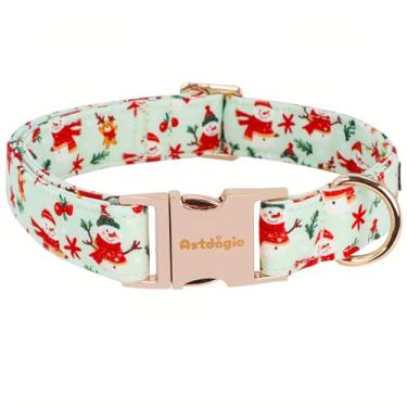 Imagem de Astdogio Coleira de Natal para cães extra pequenos, coleiras verdes ajustáveis para cães pequenos com padrão de boneco de neve vermelho, coleira de inverno para cães fofos, coleira festiva para