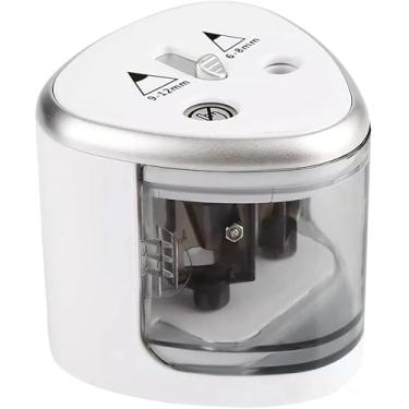 Imagem de Apontador Elétrico Duplo Automático Portátil a Pilha para Lápis 6 a 12mm com Tampa de Segurança – Uso Escolar, Escritório e Profissional (Branco)