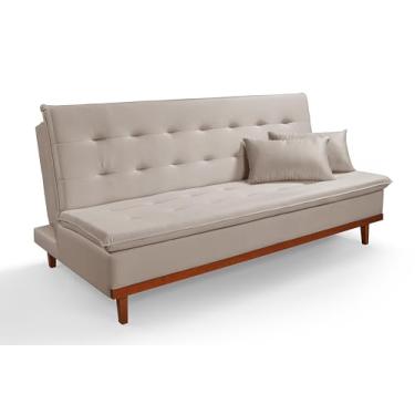 Imagem de Sofá-Cama Santorini Casa Imperial Reclinável em Veludo Areia Macio 3 Lugares Casal com Base Madeira