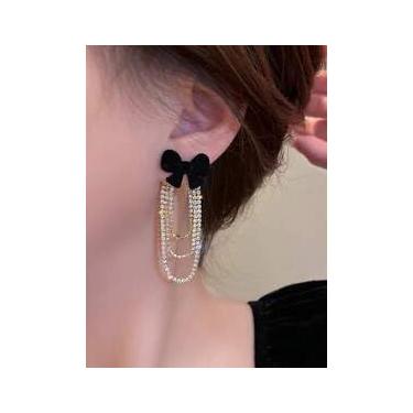 Imagem de Brincos elegantes e elegantes de veludo com borla de veludo para mulheres, brincos longos e elegantes de strass, uso diário, festa, casamento, noivado, dia dos namorados, presente de dia das mães