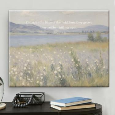 Imagem de Arte de parede em tela com versículo bíblico, cristão, considere os lírios do campo, pôster Matthew 6:28, impressão das escrituras, ilustração, arte bíblica emoldurada para decoração de casa 20 x 25