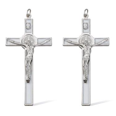 Imagem de DICOSMETIC 2 peças cruz de parede de liga pequena 10,6 x 5,35 cm crucifixo esmalte branco crucifixo São Bento crucifixo Jesus Cristo cruz católica cristã decoração presentes de Páscoa para mulheres e