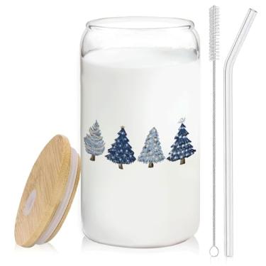 Imagem de BEHIFL Copo de café de vidro para presente de árvore de Natal azul com tampa e canudos 400 ml - Presente de feliz Natal para mulheres, crianças e homens, copo de vidro para decoração de Natal azul