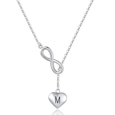 Imagem de MiiFort Prata A a Z Letra inicial nome coração pingente infinito colar Lariat Natal aniversário joia presente para mulheres, filha, irmã, neta, aço inoxidável, One Size, Metal, Sem Pedra Preciosa